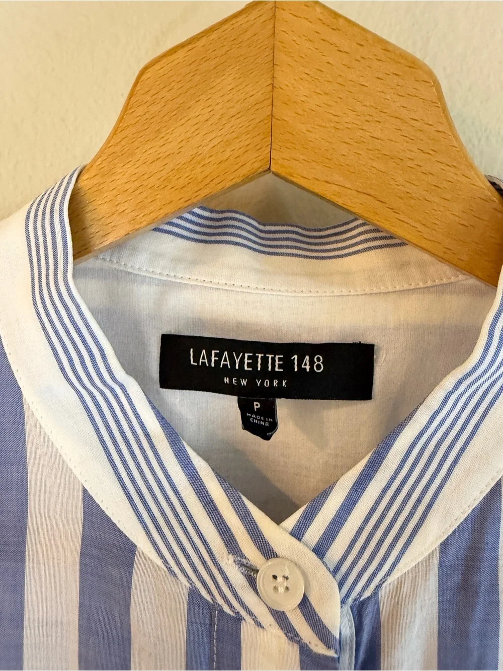 Lafayette 148 Striped Cotton Blouse P Blue White Mandarin Collar - Picture 4 of 7
